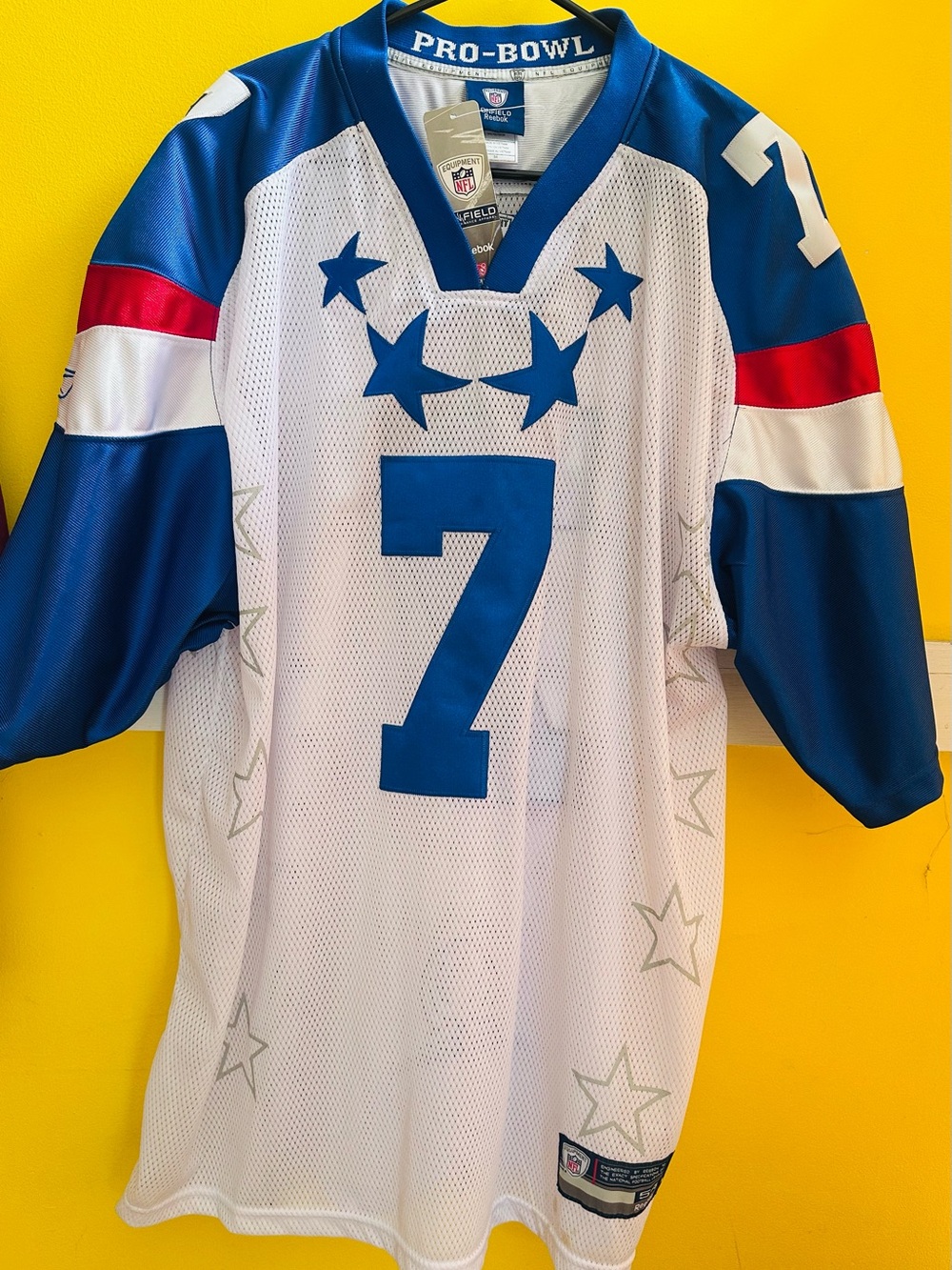 Reebok Pro-Bowl #7 White and Blue Football Jersey with Red Accents